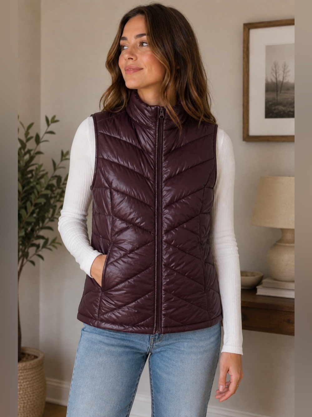 J. Jill Down Deep Purple Quilted Vest Size Large